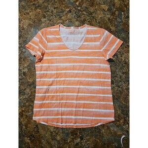 LL Bean T-Shirt Women Med. Orange Stripe‎ Crew Neck Boxy Cotton (A198)